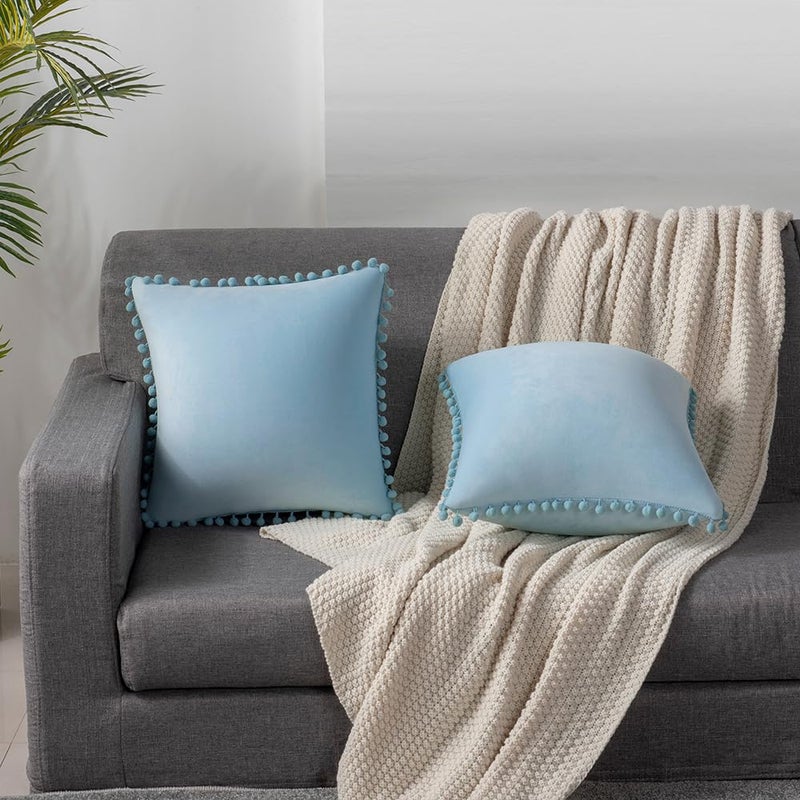 DEZENE Throw Pillow Cases 18x18 Light-Blue: 2 Pack Cozy Soft Pom-poms Velvet Square Decorative Pillow Covers for Farmhouse Home Decor - Image 4